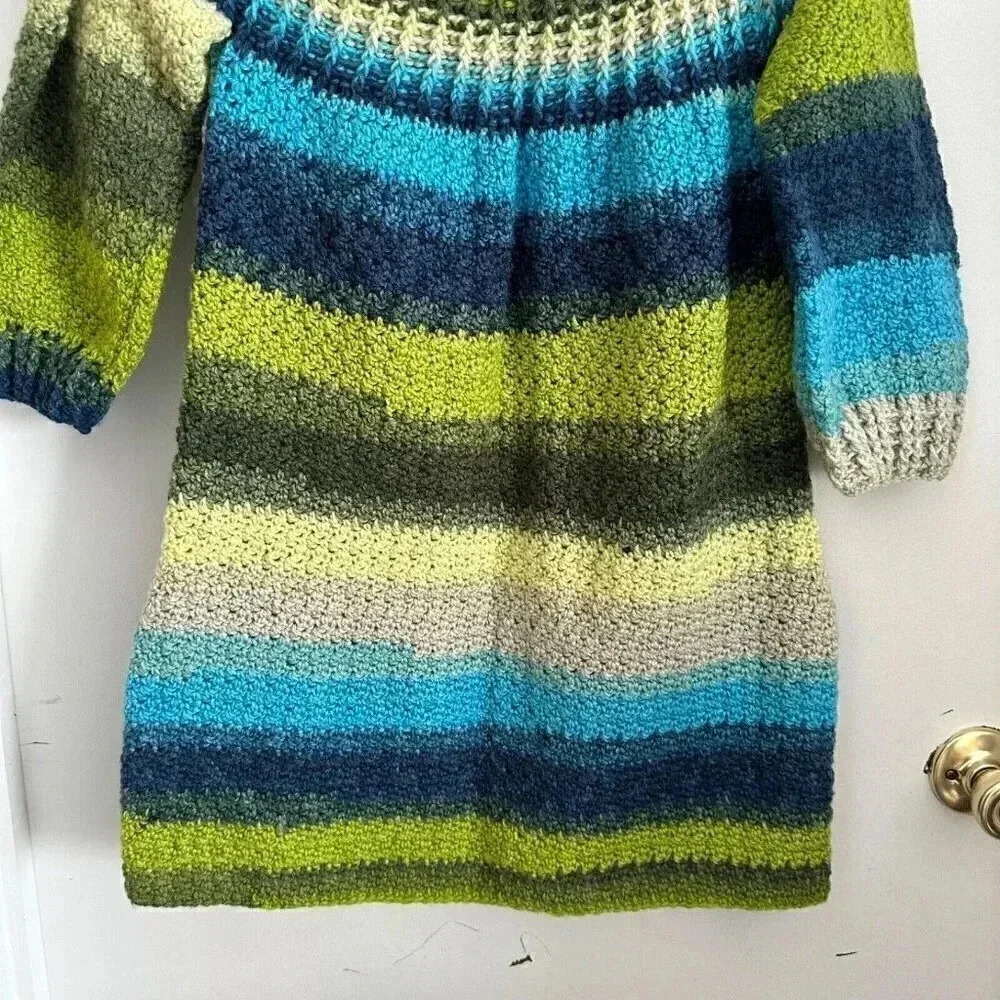 Handmade XS crochet knit dress blue green short with 3/4 sleeves - Picture 4 of 10